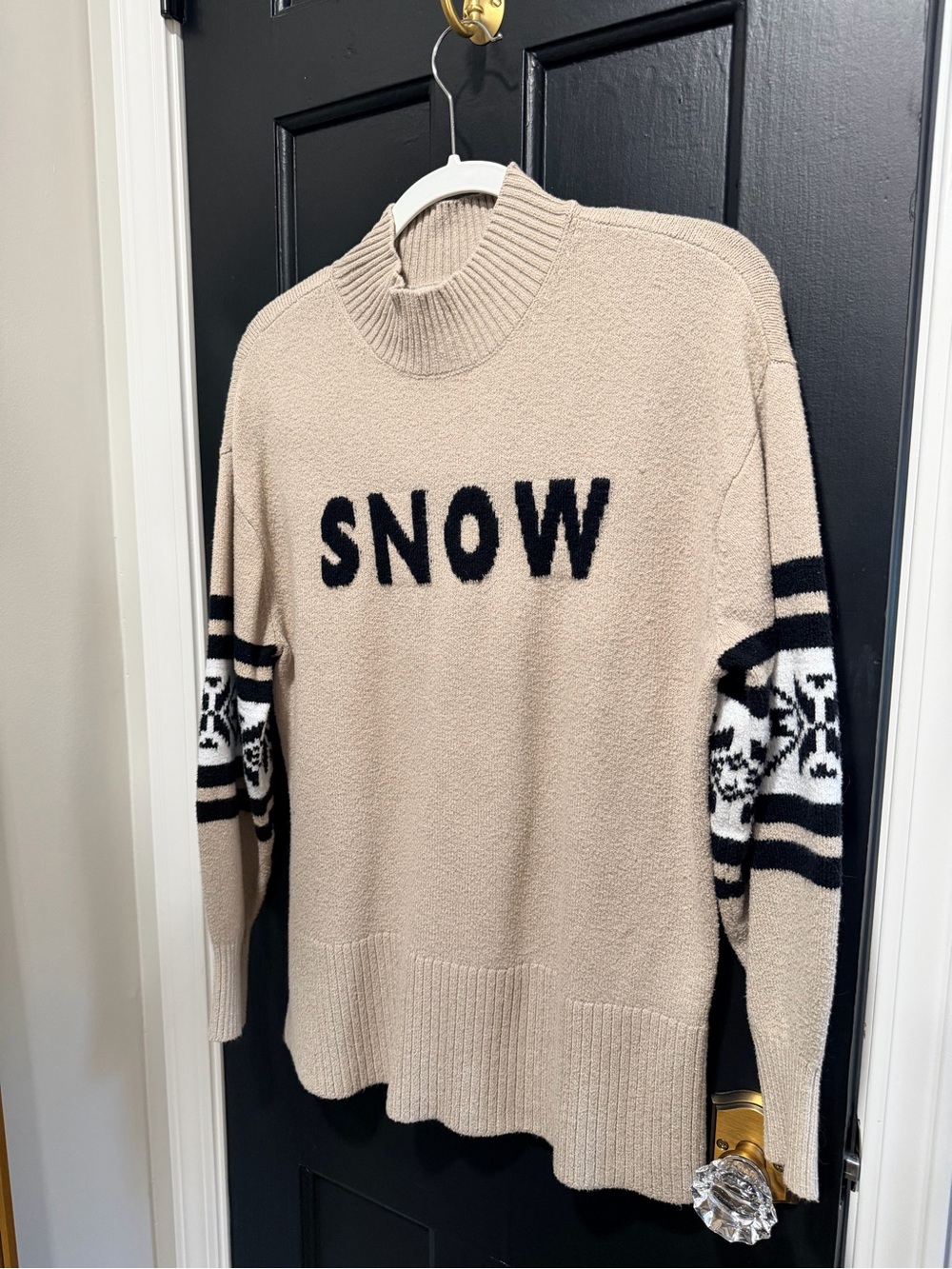 LOFT Beige Turtleneck Sweater with Black 'SNOW' Lettering